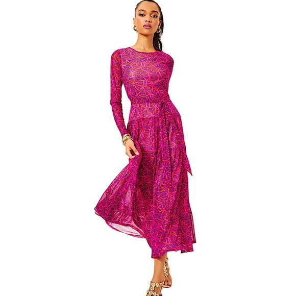 Lilly Pulitzer Izabella Midi Dress in Passion Fruit Pink/Star Searching NWT - M - Picture 2 of 7